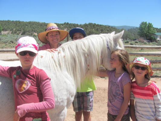 young girls with a white horse, learning about horses, equine activities